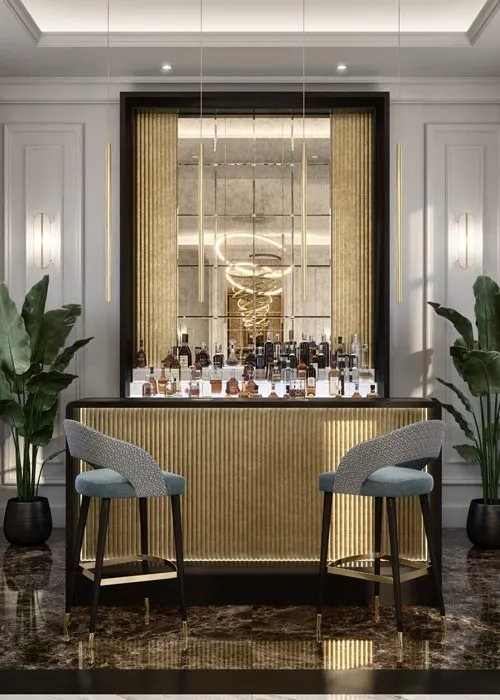 Elegant exclusive home bar counter with bar stools