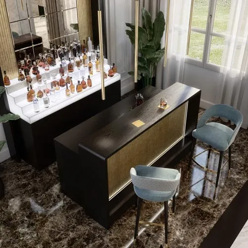 Elegant home bar counter in ash wood with gold leaf fluted front